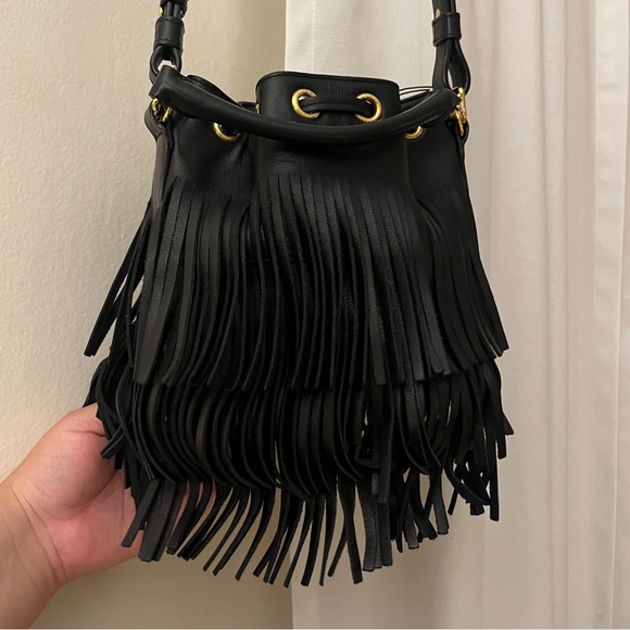SAINT LAURENT SMALL EMMANUELLE BLACK LEATHER FRINGE BUCKET CROSSBODY BAG - Picture 10 of 13